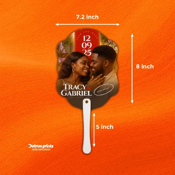 Wedding Fan dimension guide showing 7.2 inch width, 8 inch height, and 5 inch handle
